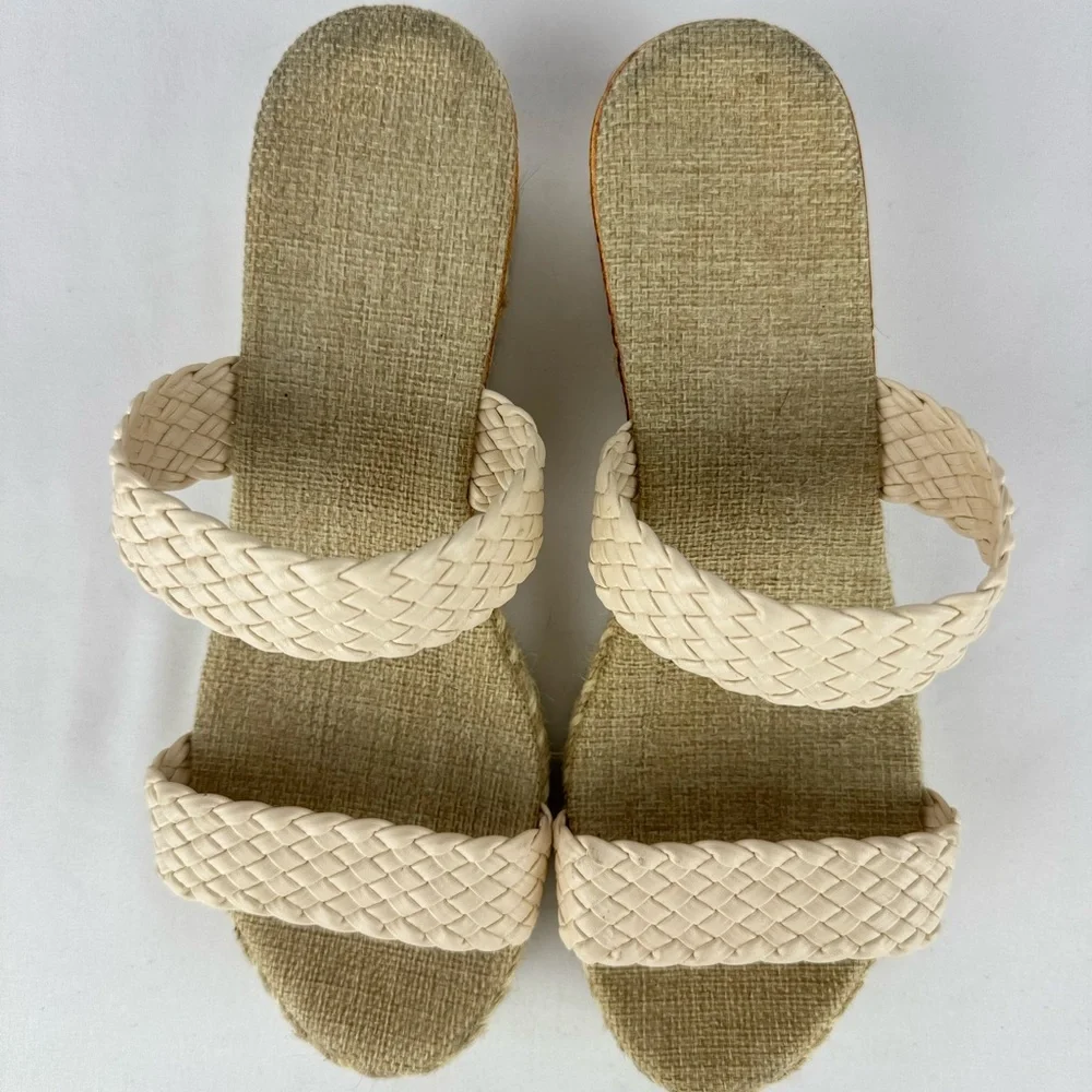 Temu Brand Cream Wedge Espadrille Sandals with Wide Woven Strap